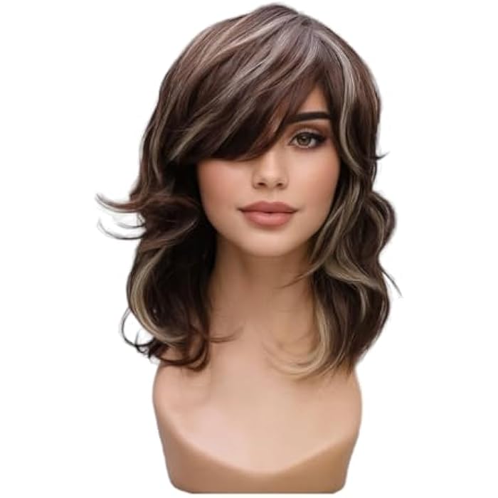 DILLARDS Synthetic Wavy Wig, Medium Length Layered Style With Side Bangs, Brown With Blonde Highlights, Heat Resistant Fiber - Image 3